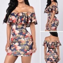 Sexy Off-shoulder Boat Neck Slim Fit Printed Party Dress