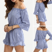 Sexy Off-shoulder Boat Neck 3/4 Trumpet Sleeve Striped Romper