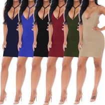 Sexy Backless Deep V-neck Solid Color Sling Bodycon Dress