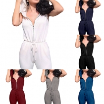 Casual Style Sleeveless Hooded Elastic Waist Ripped Jumpsuit