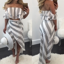 Sexy Strapless Crop Top + High Waist Irregular Hem Skirt Striped Two-piece Set