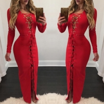 Sexy Solid Color Long Sleeve Lace-up Party Dress