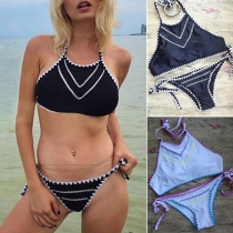 Sexy Contrast Color Printed Lace-up Halter Bikini Set