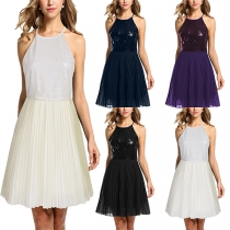 Sexy Backless Pleated Hem Sequin Spliced Cami Dress