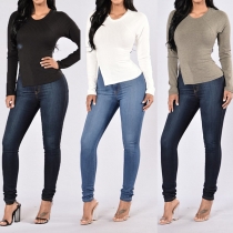 Fashion Solid Color Long Sleeve Round Neck Slit Hem T-shirt