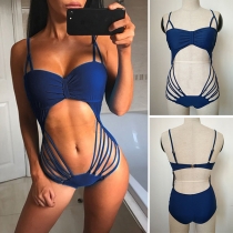 Sexy Backless Hollow Out Solid Color One-piece Swimsuit