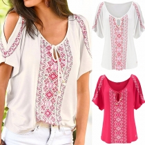 Fashion Off-shoulder Short Sleeve V-neck Printed T-shirt