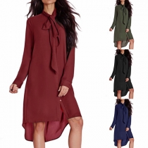 Fashion Solid Color Long Sleeve High-low Hem Chiffon Dress