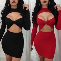 Sexy Crossover Hollow Out Long Sleeve Solid Color Bodycon Dress