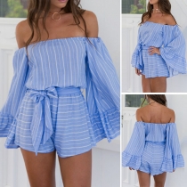 Sexy Off-shoulder Boat Neck Trumpet Sleeve Striped Romper