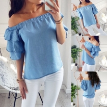 Sexy Off-shoulder Boat Neck Lotus Sleeve Solid Color Blouse
