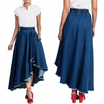 Retro Style High Waist Irregular Hem Denim Skirt