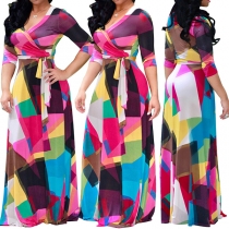 Fashion Colorful Printed Long Sleeve V-neck Maxi Dress