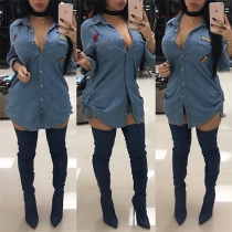 Fashion Long Sleeve POLO Collar Denim Shirt Dress