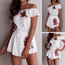 Sexy Off-shoulder Boat Neck Short Sleeve Elastic Waist Embroidered Romper