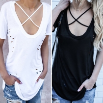 Fashion Solid Color Short Sleeve Crossover U-neck Ripped T-shirt