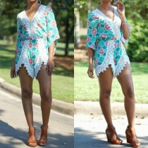 Fashion 3/4 Sleeve V-neck Lace Spliced Printed Romper