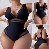 Sexy Backless Deep V-neck See-through Gauze Spliced One-piece Swimsuit