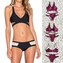 Sexy Lace Spliced Crossover Bikini Set