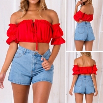 Sexy Off-shoulder Boat Neck Short Sleeve Solid Color Bandeau Top