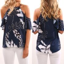 Sexy Off-shoulder Lotus Sleeve Printed Chiffon Top