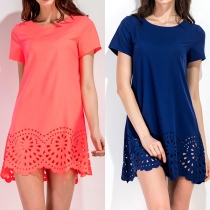 Fashion Solid Color Short Sleeve Round Neck Hollow Out Hem Dress