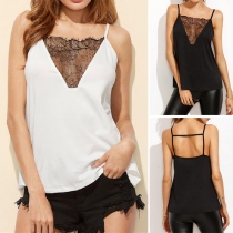 Sexy Backless Lace Spliced V-neck Solid Color Cami Top