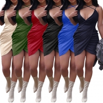 Sexy Backless Deep V-neck Irregular Hem Solid Color Sling Dress