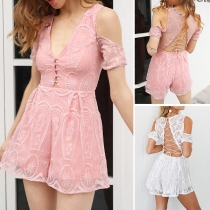 Sexy Backless Deep V-neck Off-shoulder Short Sleeve Romper