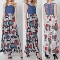 Sexy Lace Spliced Sleeveless Round Neck Printed Slit Hem Maxi Dress