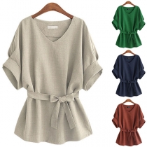 Fashion Solid Color Dolman Sleeve V-neck Blouse