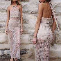 Sexy Hollow Out Mesh Halter Beach Dress + Bandeau Top Two-piece Set