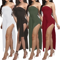 Sexy Strapless Slit Hem Solid Color Party Dress