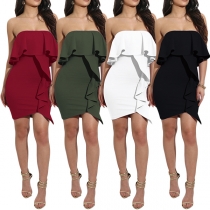 Sexy Strapless Solid Color Slim Fit Ruffle Dress