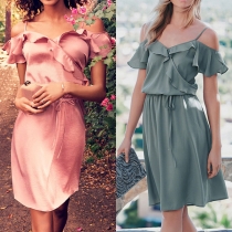 Sexy Off-shoulder Ruffle Elastic Waist Solid Color Sling Dress