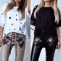 Chic Style Short Sleeve Round Neck High-low Hem Hollow Out T-shirt