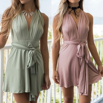 Sexy Backless Deep V-neck Solid Color Dress