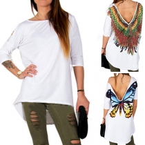 Sexy Backless High-low Hem Butterfly/Eagle Printed T-shirt