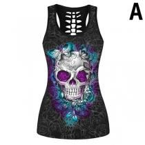 Casual Style Skull Head Printed Lace Spliced Tank Top