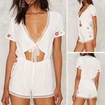 Sexy Hollow Out Deep V-neck Short Sleeve Romper