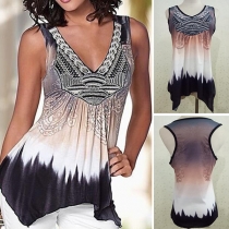Fashion Sleeveless V-neck Irregular Hem Printed T-shirt