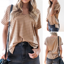 Casual Style Short Sleeve V-neck Striped T-shirt