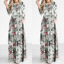 Bohemian Style 3/4 Sleeve Round Neck High Waist Printed Maxi Dress
