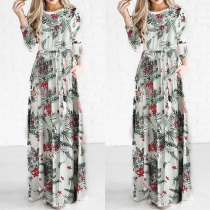 Bohemian Style 3/4 Sleeve Round Neck High Waist Printed Maxi Dress