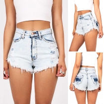 Distressed Style High Waist Fringed Hem Ripped Denim Shorts