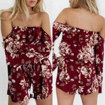 Sexy Off-shoulder Trumpet Sleeve Printed Romper