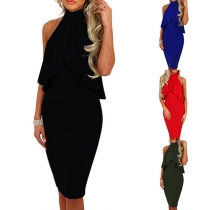 Sexy Backless Ruffle Solid Color Halter Bodycon Dress