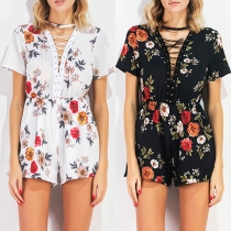 Sexy Lace-up Deep V-neck Short Sleeve Printed Romper