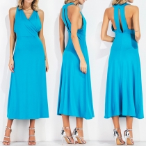 Elegant Solid Color Sleeveless V-neck Dress