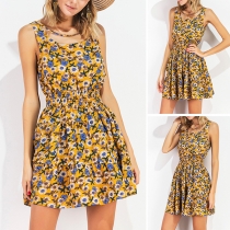 Sweet Style Sleeveless Round Neck Elastic Waist Floral Print Dress